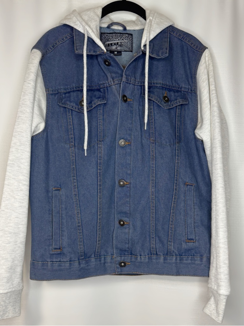 Blue Denim Jacket with Light Gray Hood & Sleeves
